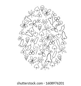 Easter egg decorated with leaves on a white background. Doodle. Vector illustration.Coloring book for children and adults. Logo template for holiday design, mailing, and invitations.