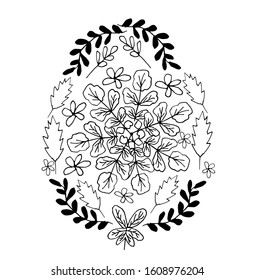 Easter egg decorated with leaves on a white background. Doodle. Vector illustration.Coloring book for children and adults. Logo template for holiday design, mailing, and invitations.