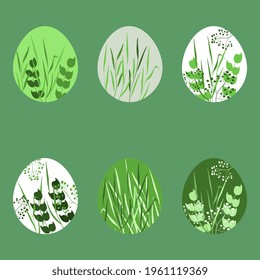 Easter egg decorated with leaves on a green background. Vector seamless illustration. Happy Easter eggs set.