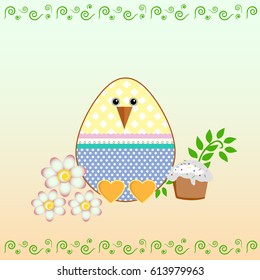 Easter egg decorated like chick with Easter cake and flowers. Colorful Happy Easter greeting card. Vector illustration