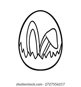 Easter egg decorated with rabbit ears peeking from grass, doodle-style vector illustration. Minimalist hand-drawn line art expressing holiday, spring, playful, symbolic and creative design concept.