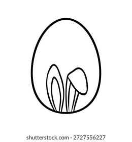 Huevo de Pascua decorado con orejas de conejo asomando desde la hierba, Ilustración vectorial estilo doodle. Arte de línea dibujado a mano minimalista que expresa el concepto de diseño festivo, primaveral, juguetón, simbólico y creativo.
