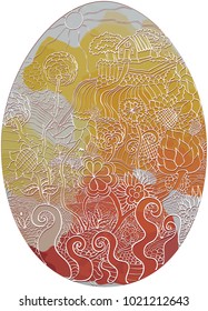 Easter egg decorated with a rural landscape vector illustration in embossed double line, shadow, and watercolor spots of red and yellow color,