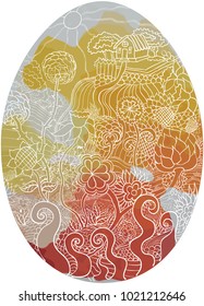 Easter egg decorated with a rural landscape vector illustration in black lines and watercolor spots of red and yellow color