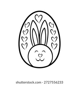 Ovo de Páscoa decorado com rosto de coelho sorridente e corações pequenos, ilustração de vetor estilo doodle. Minimalista mão desenhada linha arte expressando primavera, brincalhão, simbólico e conceito de design criativo.