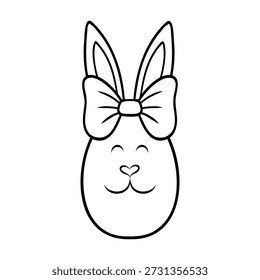 Easter egg decorated with smiling rabbit face with ears wearing a bow, doodle-style vector illustration. Minimalist hand drawn line art expressing spring, playful, symbolic and creative design concept