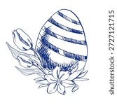 Easter egg decorated with spring flowers ink graphics in line art style. Hand drawn Happy Easter clipart, Catholics religious painting for festive decor, packing ,card design