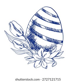 Osterei verziert mit Frühlingsblumen Tinte Grafiken in Linie Kunststil. Handgezeichnete Fröhliche Ostern Clipart, Katholiken religiöse Malerei für festliche Dekoration, Verpackung, Kartendesign