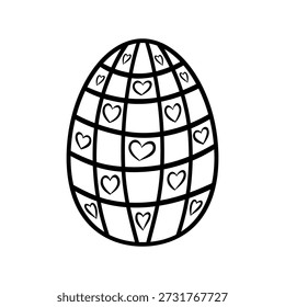 Huevo de Pascua decorado con rayas y corazones, Ilustración vectorial estilo doodle. Arte de línea dibujado a mano minimalista que expresa la primavera, concepto de diseño lúdico, simbólico y creativo.
