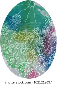 Easter egg decorated with a vector pattern of the sea shore and fields in white lines and watercolor spots of green and blue