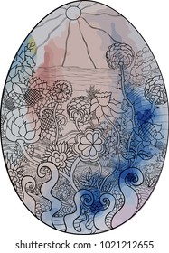 Easter egg decorated with a vector pattern of the sea shore and fields in balck lines and watercolor spots 