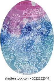 Easter egg decorated with a vector pattern of a rural night landscape in white  lines and watercolor spots of purple and bluen