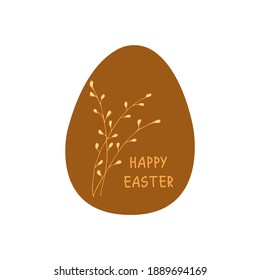 Easter egg decorated with willow twigs and the inscription Happy easter. Traditional food for the Orthodox and Catholic holidays. Palm sunday. Colorful vector illustration isolated. Icon or card flat