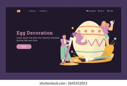 Easter egg decorating landing page with cheerful characters painting a giant Easter egg, creative holiday preparation concept for spring celebration and festive family activity. Vector illustration