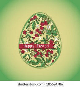 Easter egg decoration berry strawberry, green color greeting easter card