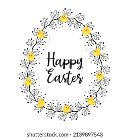 Easter egg decorative frame made of branches with flowers. Happy easter concept.