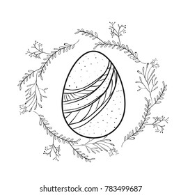 easter egg with decorative lines and branches around in monochrome silhouette