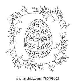 easter egg with decorative stars and branches frame around in monochrome silhouette