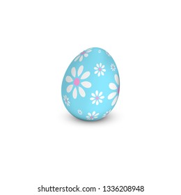 Easter egg design. Blue vector realistic chicken egg with white flowers isolated on white background. 