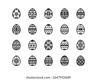 Easter egg design icon set with adjustable vector line weight including various patterns, designs