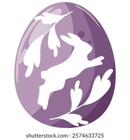 easter egg design in purple color with shadow of rabbit jumping and twigs on it