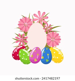 Easter egg design with red flowers. Easter holiday egg hunt card in colorful flat style. Stock vector illustration clipart isolated on white background