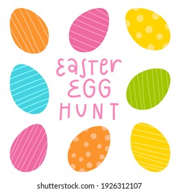 Easter egg design set. Flat colorful decoration for spring holiday. Trendy patterns and hand written lettering.