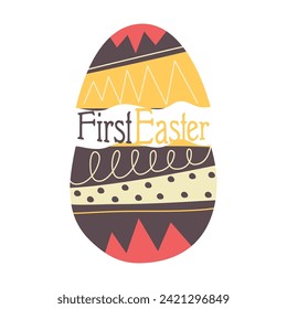 Easter egg design with text - First Easter. holiday symbol egg hunt in colorful flat style with . Retro art decoration. Stock vector icon illustration clipart.