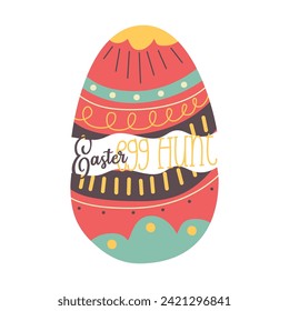 Easter egg design with text. Easter holiday symbol egg hunt in colorful flat style with decorations . Retro art decoration. Stock vector icon illustration clipart.