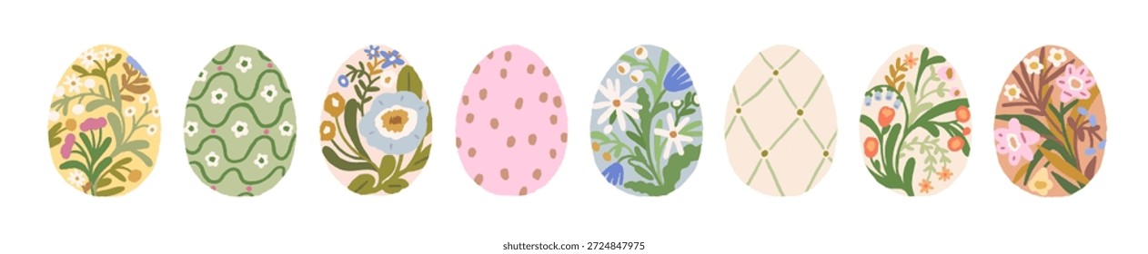 Conjunto de diseños de huevos de Pascua. Ornamentos tradicionales con patrones florales, texturas decorativas, símbolos religiosos, decoraciones para vacaciones católicas. Ilustraciones vectoriales planas aisladas sobre fondo blanco