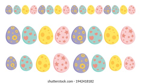 Easter egg divider collection. Set of spring holiday page border symbols in pastel colors. Vector illustration isolated on white background. 