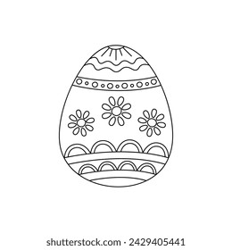 Easter egg doodle black and white for coloring. Vector illustration. Festive decorative Easter egg with line ornament flowers, patterns, shapes