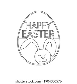 The Easter egg is drawn with a black outline, the inside says Happy Easter and a bunny is drawn. Stock vector illustration isolated on a white background.