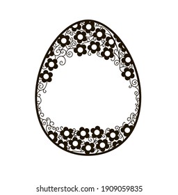 Das Osterei wird mit einem schwarzen Umriss gezeichnet, Monogramme und Gänseblümchen sind innen gezeichnet, es gibt einen Platz für Ihren Text. Stock-Vektorgrafik einzeln auf weißem Hintergrund.
