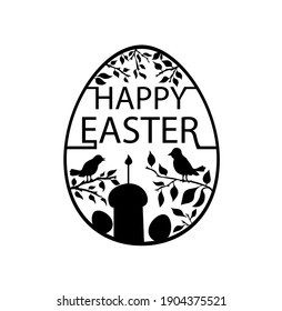 The Easter egg is drawn in black silhouette, inside it says Happy Easter and a cake with a candle and two eggs, and tree branches with birds sitting on them. Stock vector illustration 
