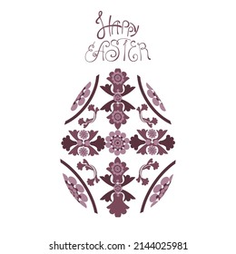 Easter egg drawn in ethnic style in brown tones in a flat style. It consists of flowers and geometric shapes, next to the lettering - Happy Easter. Vector illustration isolated on white background.