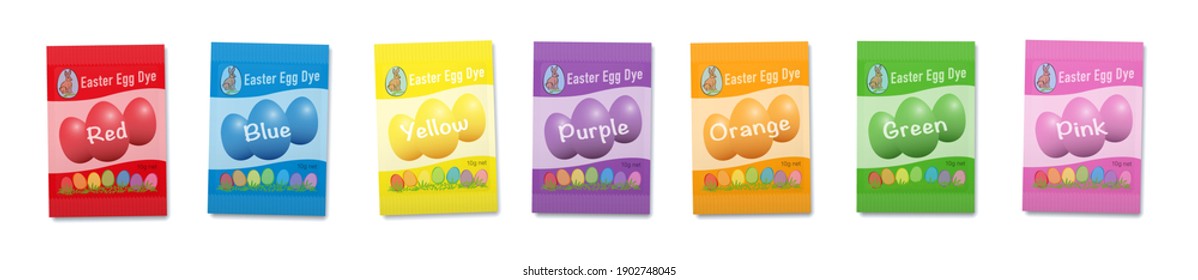 Ostereier-Farbstoffbeutel Regenbogen. Mit sieben Lieblingsfarben rot, orange, gelb, grün, blau, violett und rosa. Verschiedene Papierumschläge. Einzige Vektorgrafik auf weißem Hintergrund.

