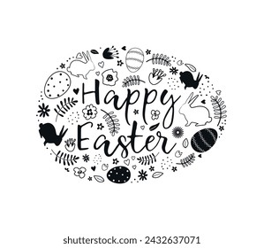 Easter Egg from Easter elements. Easter bunnies, eggs, flowers, hearts, leaves. Happy Easter Greeting Card template. Abstract design. Antistress coloring page. Vector illustration in black and white
