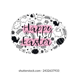 Easter Egg from Easter elements. Easter bunnies, eggs, flowers, hearts, leaves. Happy Easter Greeting Card template. Abstract design. Vector illustration in black, white, pink