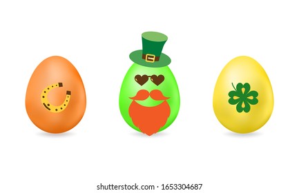 Easter egg with elements for St. Patrick s Day. Set of vector illustrations. Colored eggs isolated on white background. Ideal for holiday designs, greetings cards, prints, designer packaging and more