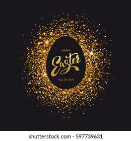 Easter egg emblem on luxury black background with golden glitter and hand drawn typography greetings. Vector illustration. Holiday symbol.