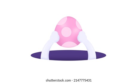 easter egg emerges from the hole. Rabbit hand holding egg. bunny hole. Happy Easter. animal. simple 3d illustration. concept design