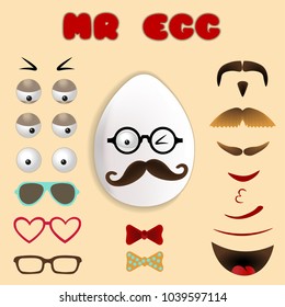 Easter egg emoji constructor. Face with mustache and glasses. Vector funny illustration sticker set