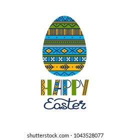 Easter egg in ethnic style, isolated on white background. Lettering Happy Easter