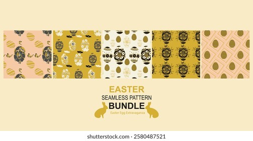 The Easter Egg Extravaganza Seamless Pattern Bundle features vibrant, playful egg designs perfect for gift wrap, party decor, stationery, textiles, and festive Easter branding.