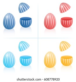 Easter egg fillable boxes with stripes, closed and opened to be filled - in four different colors. Three-dimensional isolated vector illustration on white background.