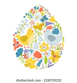 Easter egg filled with cute cartoon hen, cock and spring flowers, vector illustration isolated on white background. Easter greeting card in egg shape filled with cute cartoon chicken and flowers