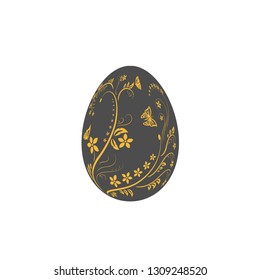 Easter egg flat icon. Black egg isolated white background. Floral hand drawn design, flower branch leaf decoration pattern Happy Easter celebration. Holiday element. Spring symbol Vector illustration