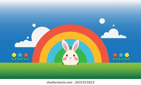 Easter Egg flat vector illustration with cute bunny, clouds, and rainbow. Can be used for banners, posters, backgrounds, landing pages, greeting cards, covers, etc.