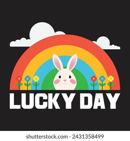 Easter Egg flat vector illustration with cute bunny, clouds, and rainbow. Can be used for jacket, hoodie, bag, apparel, sticker, etc.